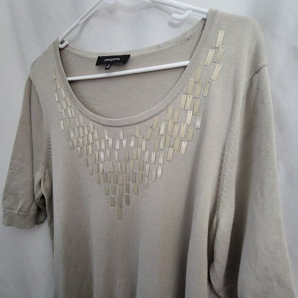 Jones Wear XL Short Sleeved Sweater w/beading fancy Cotton Rayon blend Taupe EUC - Picture 3 of 8